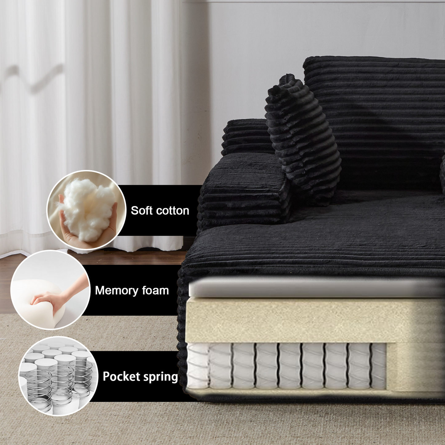 Oversized Chaise Lounge Chair – Plush Corduroy Cloud Couch with 3 Pillows, Black