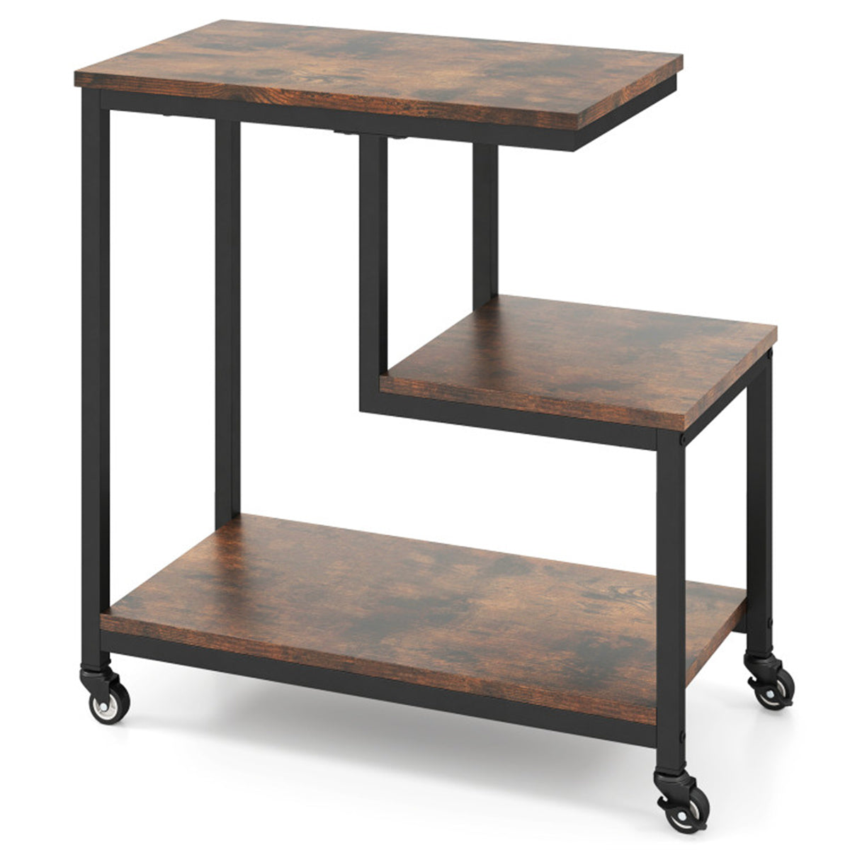 G-Shaped 3-Tier Brown End Table with Wheels – Mobile Storage Side Table