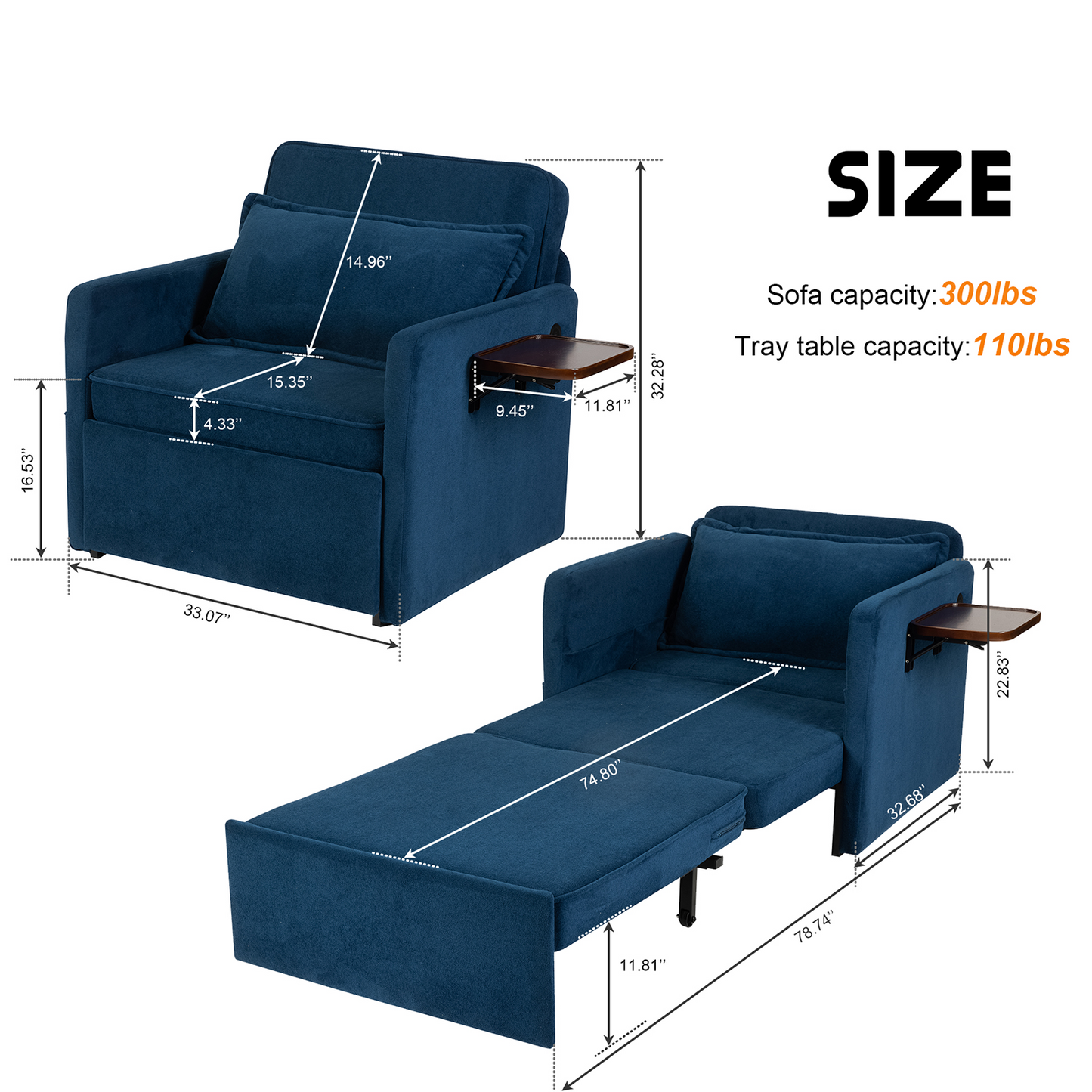 3-in-1 Sleeper Chair Bed with USB Tray, Blue Fabric Convertible Sofa