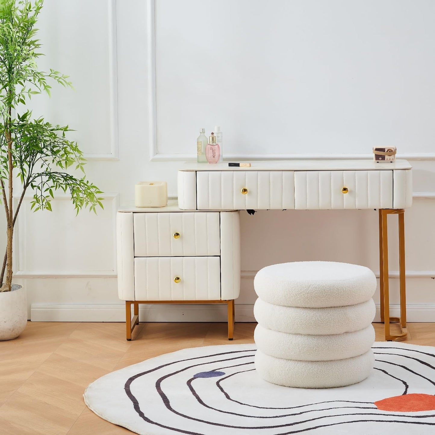 Round Shape Storage Ottoman Stool with Flip Tray, Vanity & Footrest Chair, White