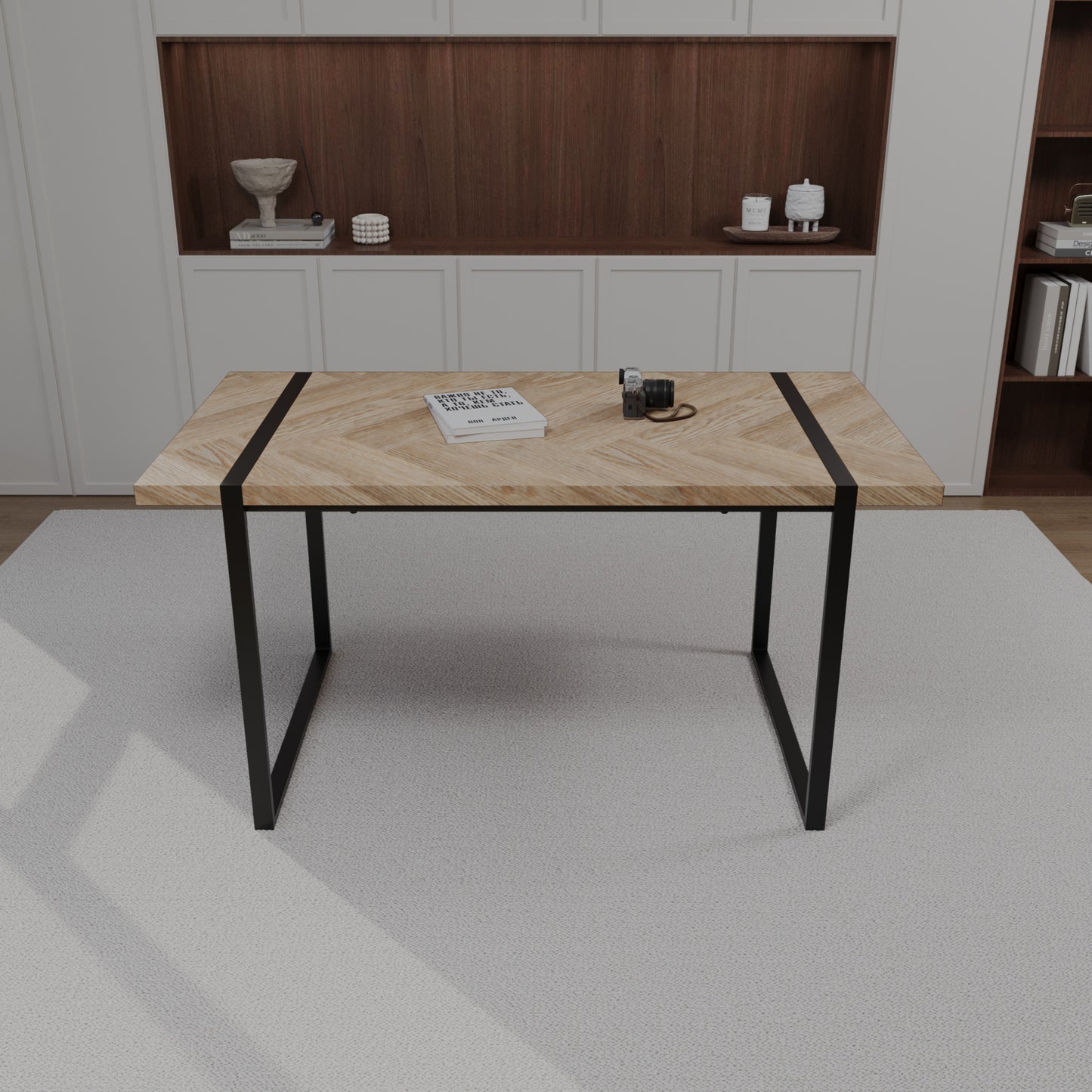 59" Light Wood Dining Table Set w/ 4 Suede Chairs – Modern & Cozy Style