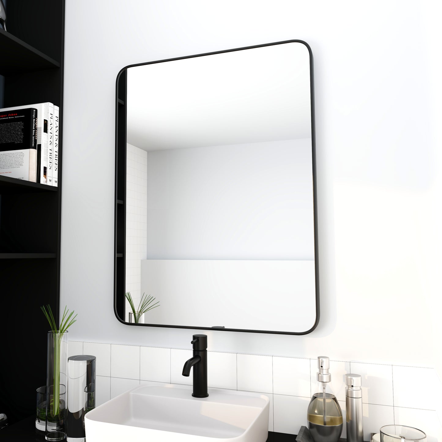 24"x32" Black Bathroom Mirror – HD Glass with Aluminum Frame, Wall Mounted