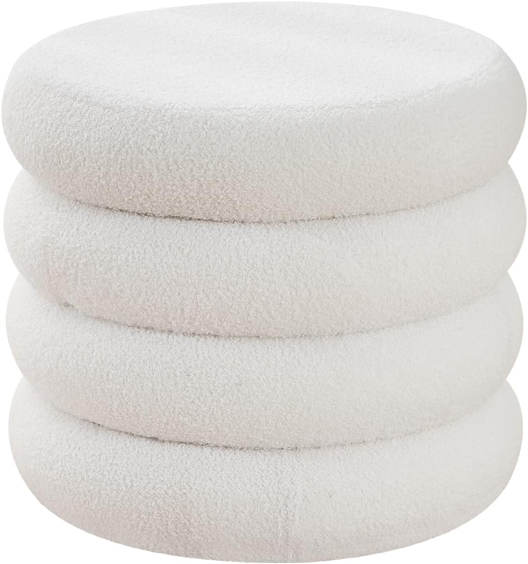 Round Shape Storage Ottoman Stool with Flip Tray, Vanity & Footrest Chair, White