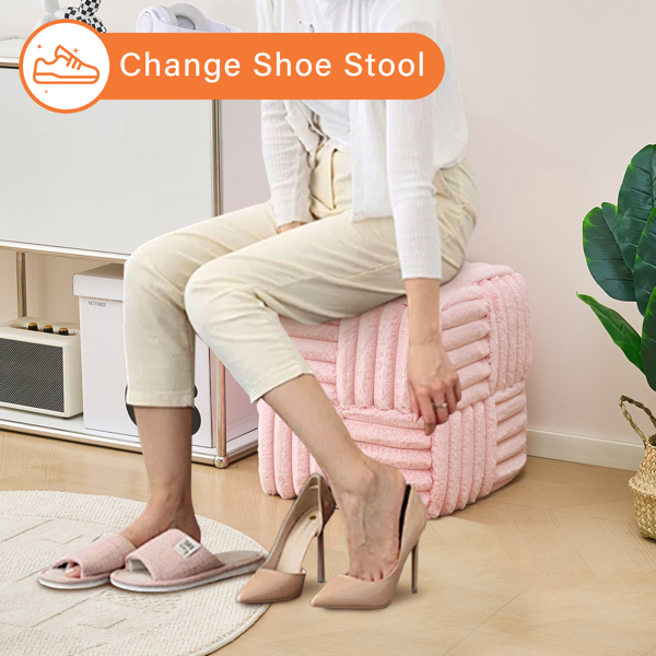 Pink Corduroy Ottoman Vanity Stool – Square Footrest for Bedroom & Entryway