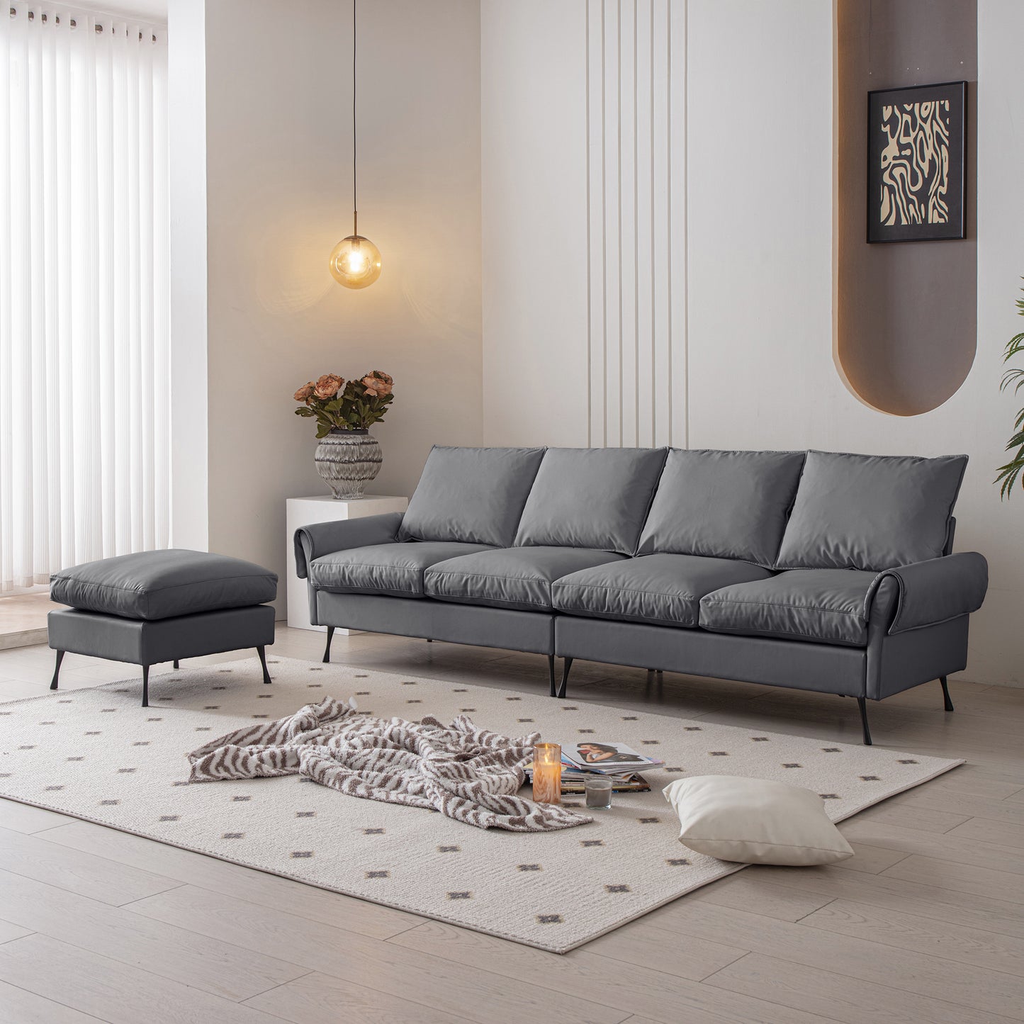 104.5" Modern L-Shaped Tech Leather Sofa with Convertible Ottoman