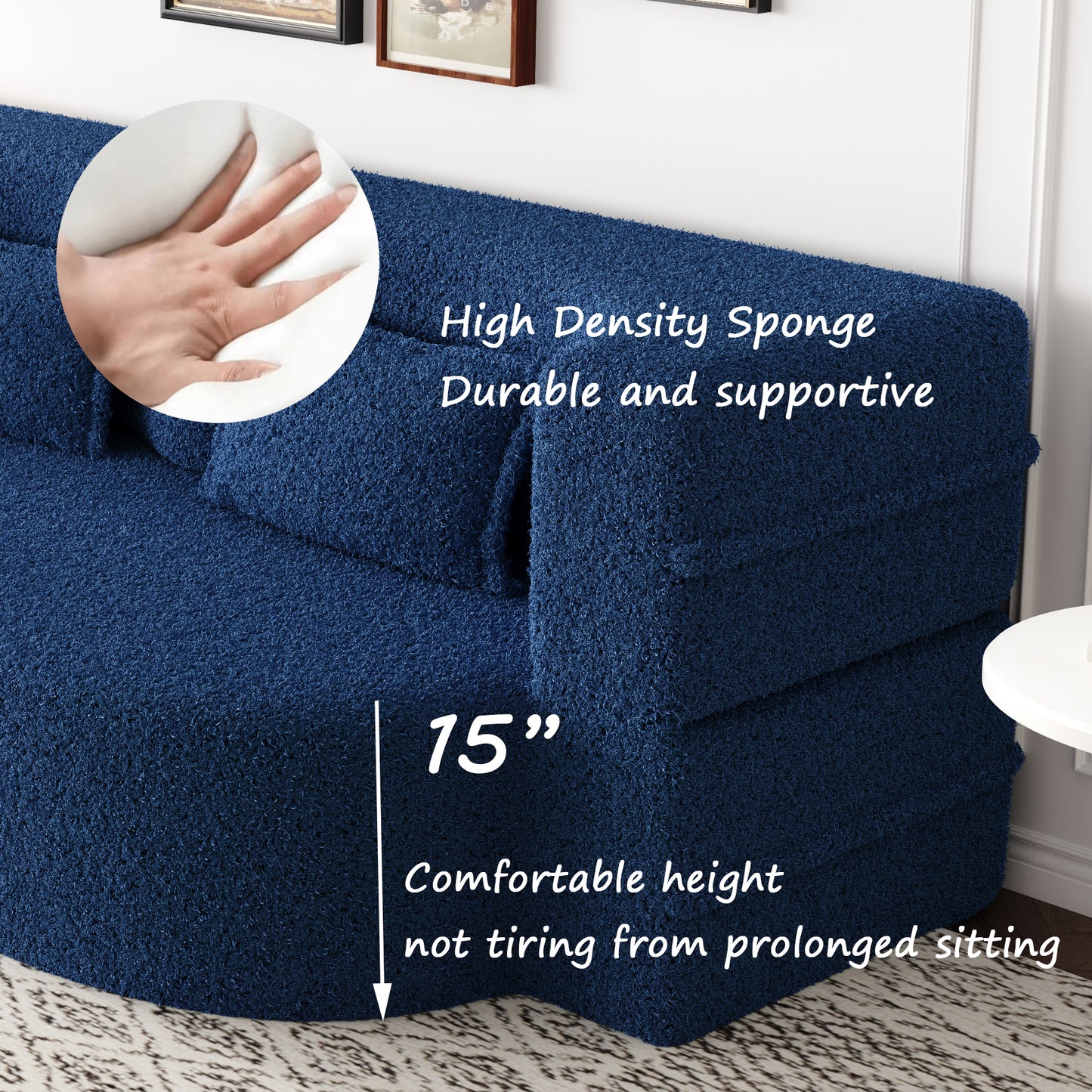 Blue Teddy Fabric Convertible Floor Sofa Bed with 2 Pillows, Full Size 78"