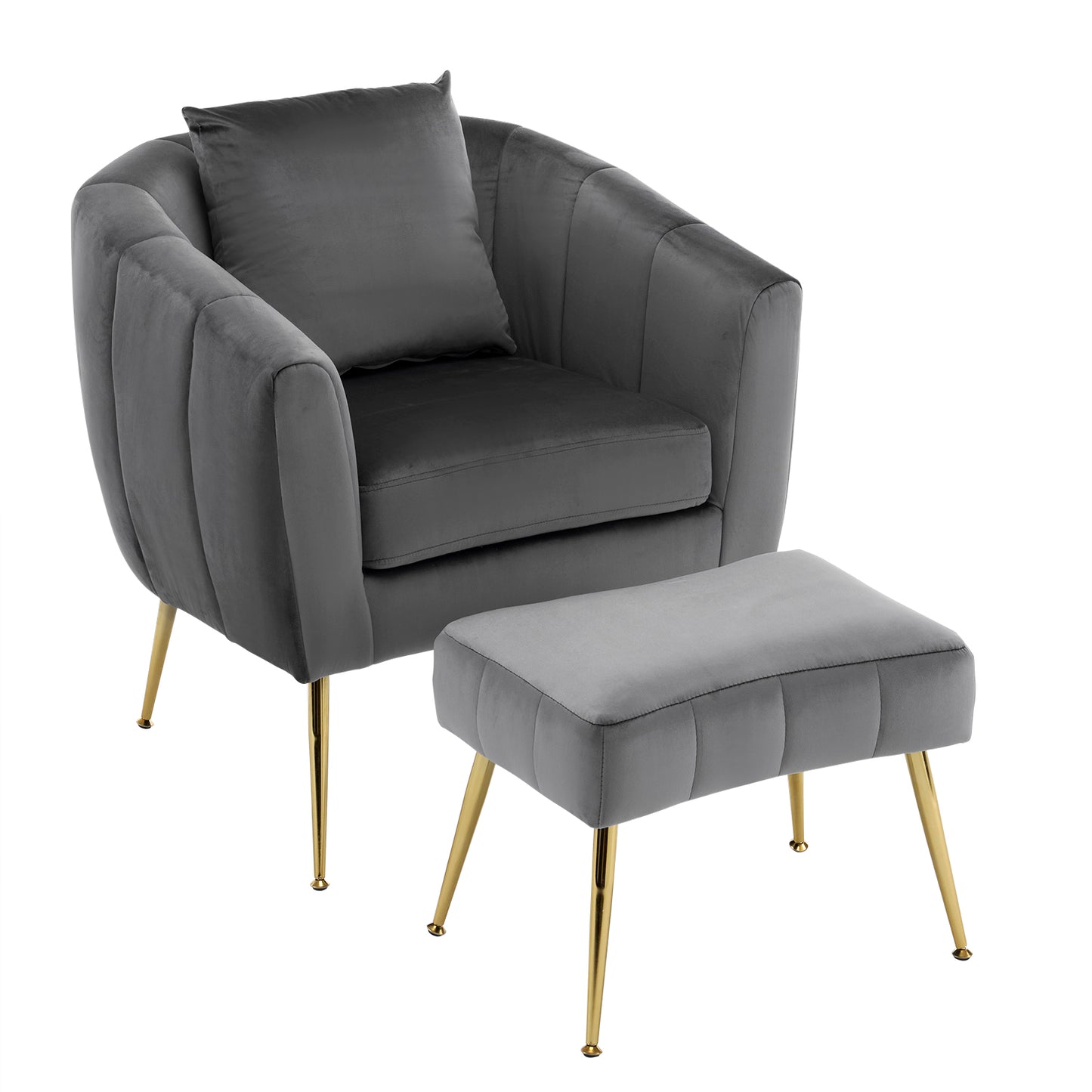 Velvet Barrel Chair with Ottoman & Lumbar Pillow – Gray Accent Set