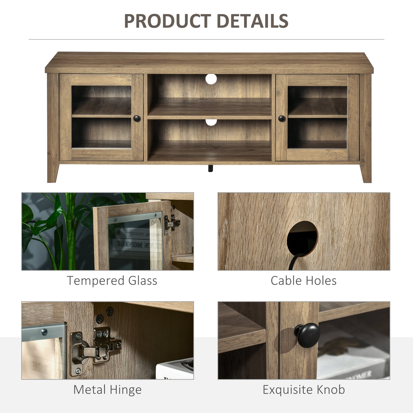 55" Brown LED TV Stand with Adjustable Shelves & Cable Management – Modern Cabinet