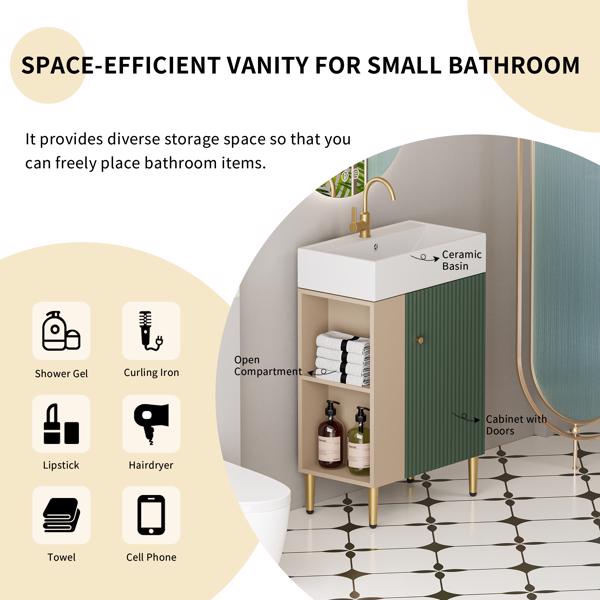 21.6" Bathroom Vanity with Sink, Open Shelf & Soft-Close Door, Green