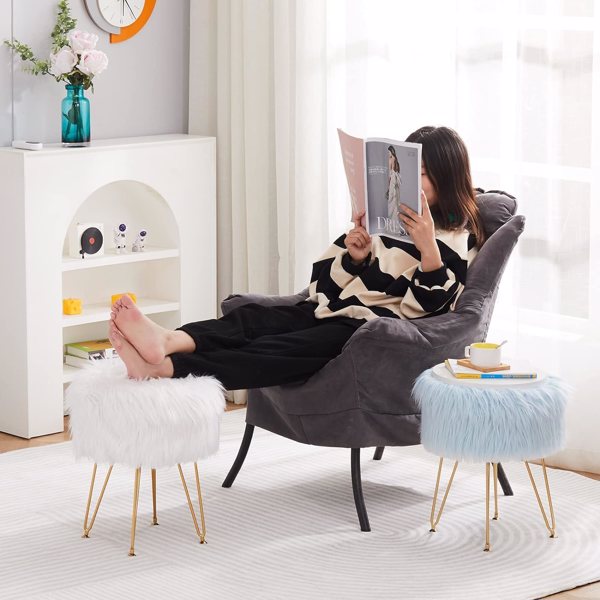Faux Fur Ottoman Stool with Marble Tray, Footrest & Storage, White Vanity Seat