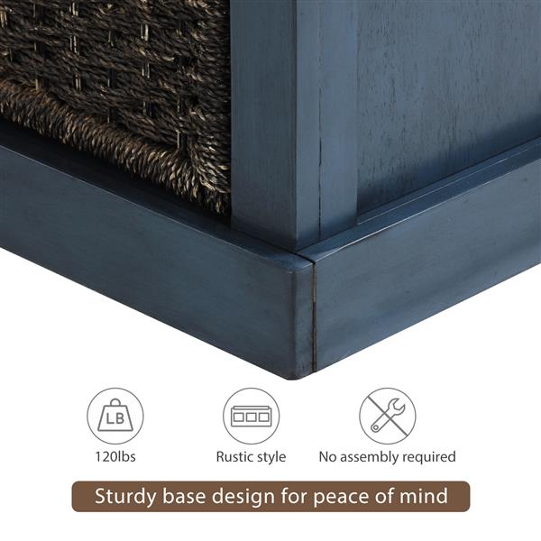 Rustic Entryway Storage Bench with 3 Rattan Baskets & Cushion, Antique Navy