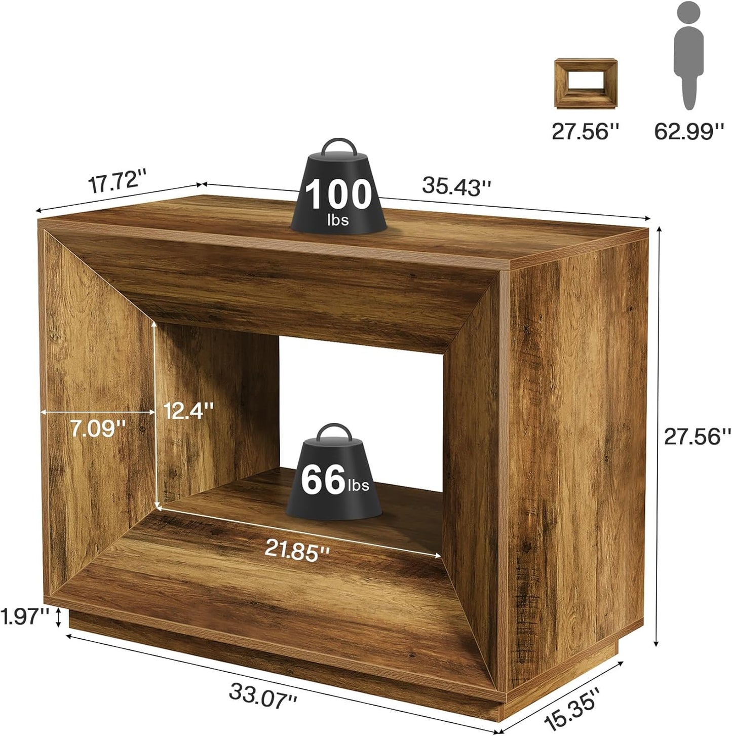 Mid-Century Rustic Coffee Table with 2-Tier Shelves – Oversized End Table