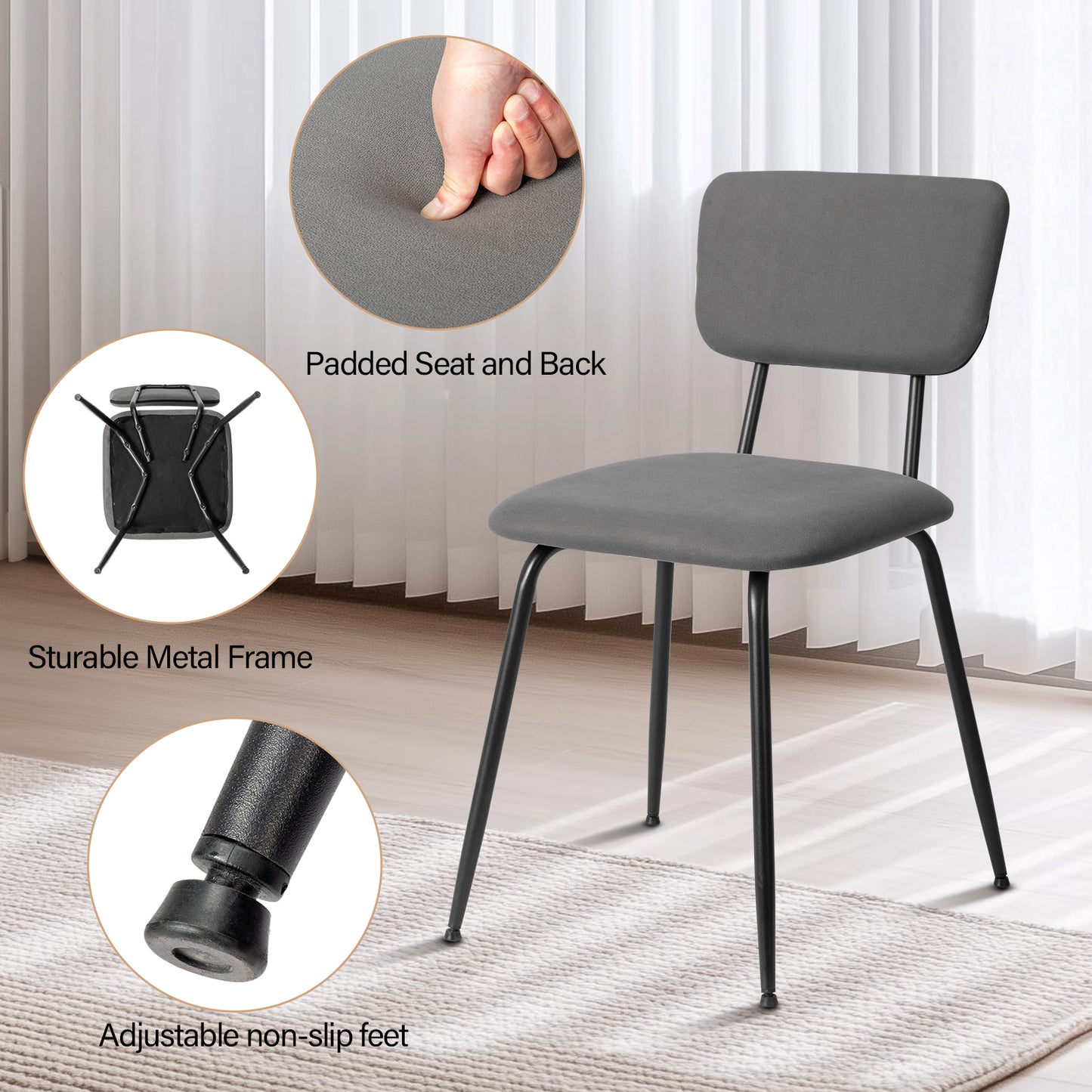 Set of 4 Modern Grey Padded Dining Chairs for Kitchen, Bar & Office Use