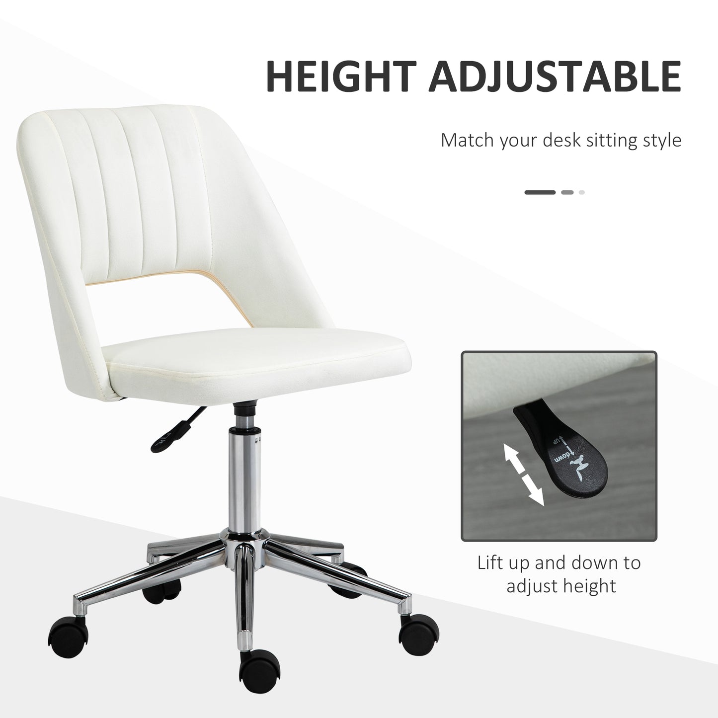 Modern White Velvet Office Chair – Adjustable Height, Swivel Base & Scallop Backrest