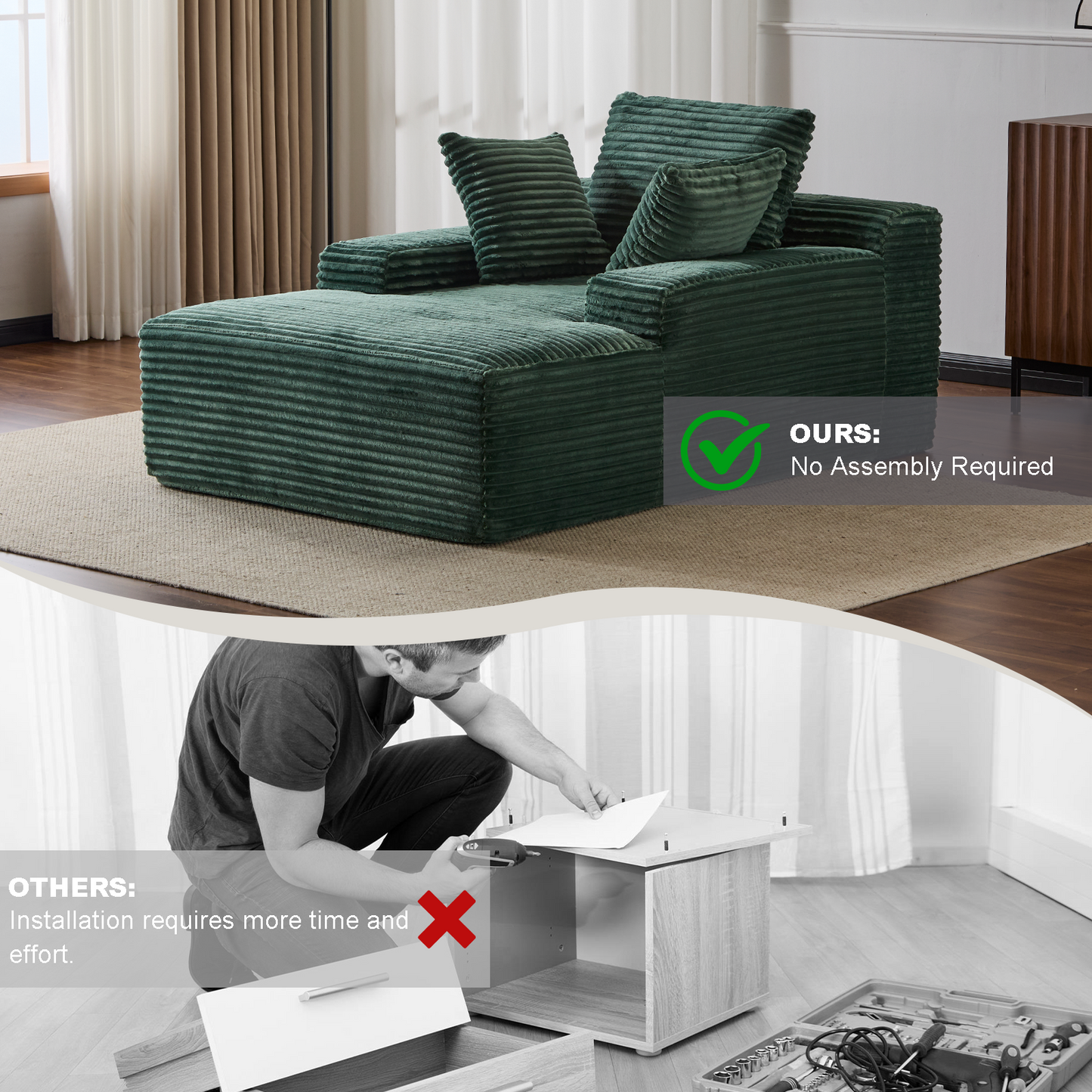 Oversized Chaise Lounge Chair – Plush Corduroy Cloud Couch with 3 Pillows, Green