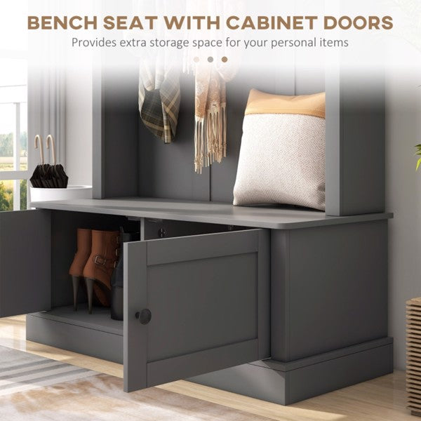 Gray Entryway Hall Tree with Storage Cabinet, Bench & Coat Rack