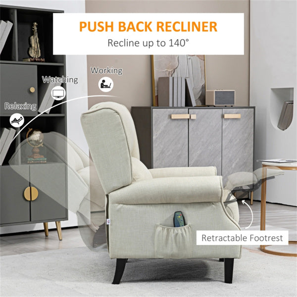 Heated Massage Recliner Chair with Lumbar Support – Manual Pushback, Off White