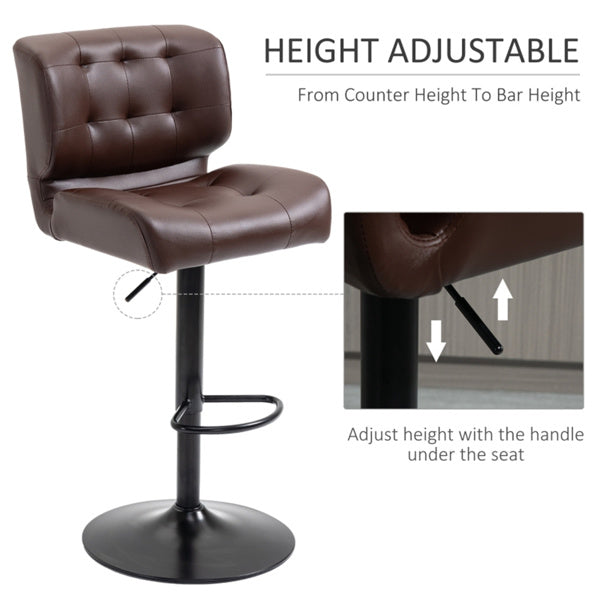 Set of 2 Adjustable Brown Bar Stools with Swivel Seats & Tufted Backrest