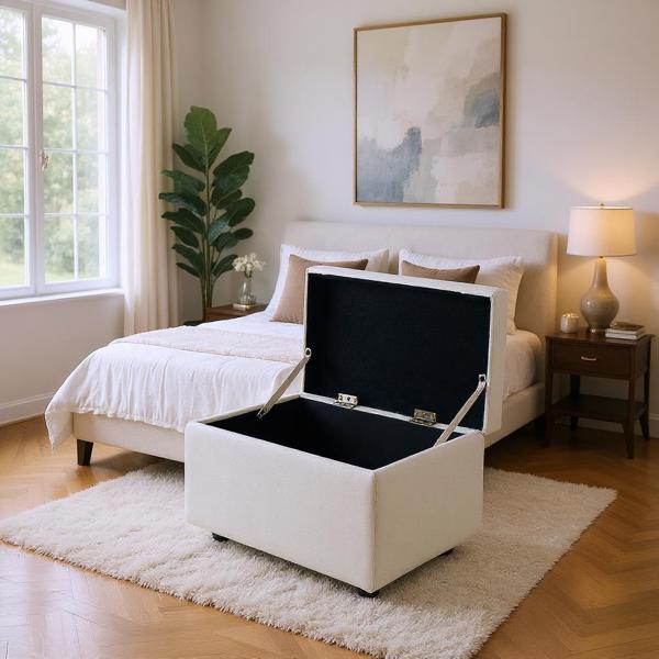 Beige Linen Storage Ottoman Bench with Hidden Compartment, 63×43×43cm