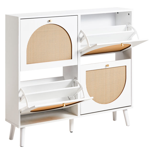 2-Row 4-Bucket Rattan Shoe Cabinet, White & Wood Finish w/ Gold High Legs