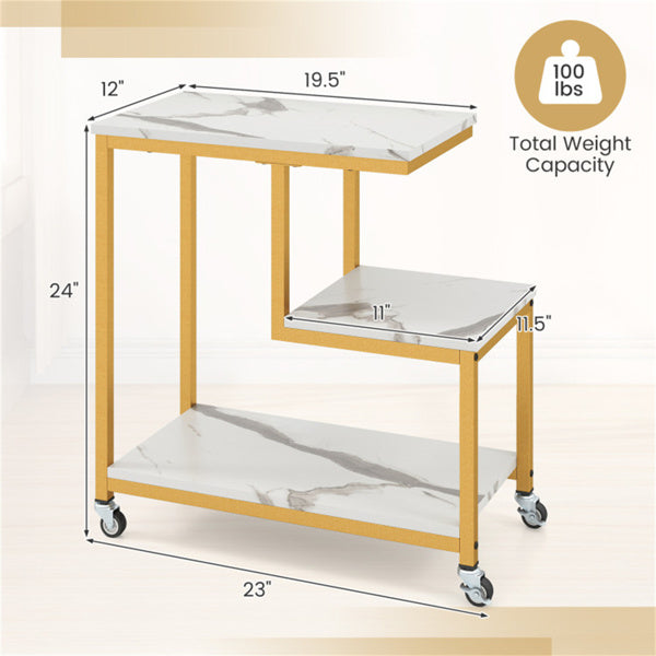 G-Shaped 3-Tier White End Table with Wheels – Mobile Storage Side Table