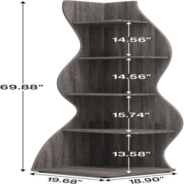 Dark Brown Wavy 5-Tier Corner Bookshelf – Modern Sculpted Bookcase Storage Rack
