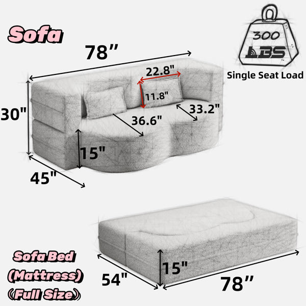Modern Pink Teddy Fabric Floor Sofa Bed with 2 Pillows – Convertible & Space-Saving