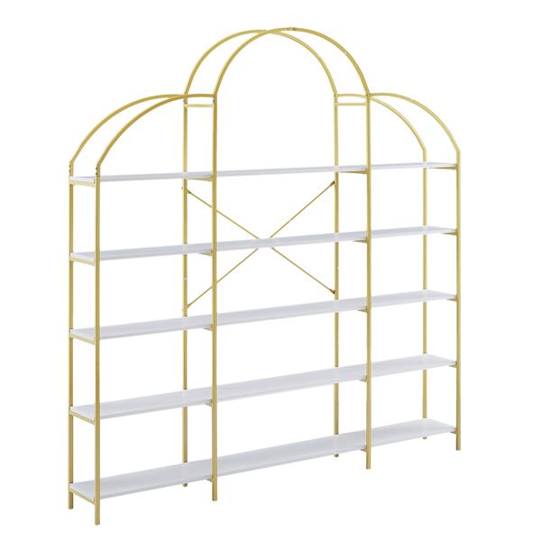 74.8" 5-Tier Bookshelf with Round Top, Gold Frame & X-Bar, Office Display Shelf