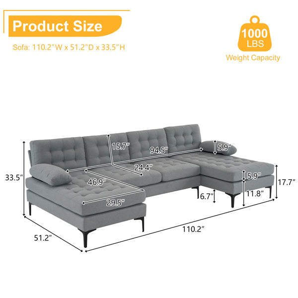 U-Shaped Sectional Sofa – Soft Armrest & Backrest, Wooden & Iron Frame with Gold Legs, Beige Upholstery