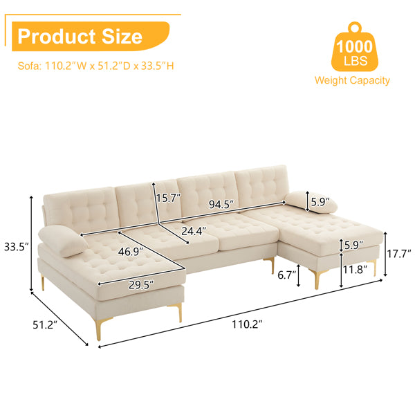 U-Shaped Sectional Sofa – Soft Armrest & Backrest, Wooden & Iron Frame with Gold Legs, Beige Upholstery