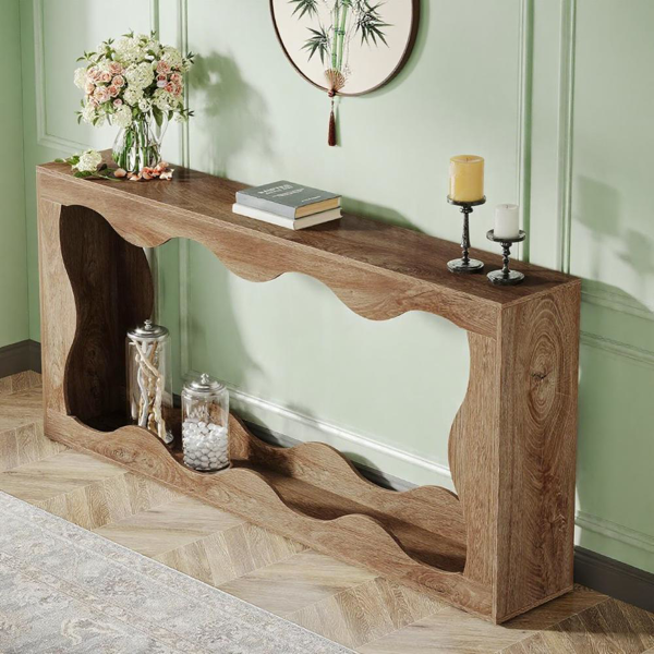 63" Light Brown Farmhouse Wavy Console Table – 2-Tier Entryway & Sofa Table