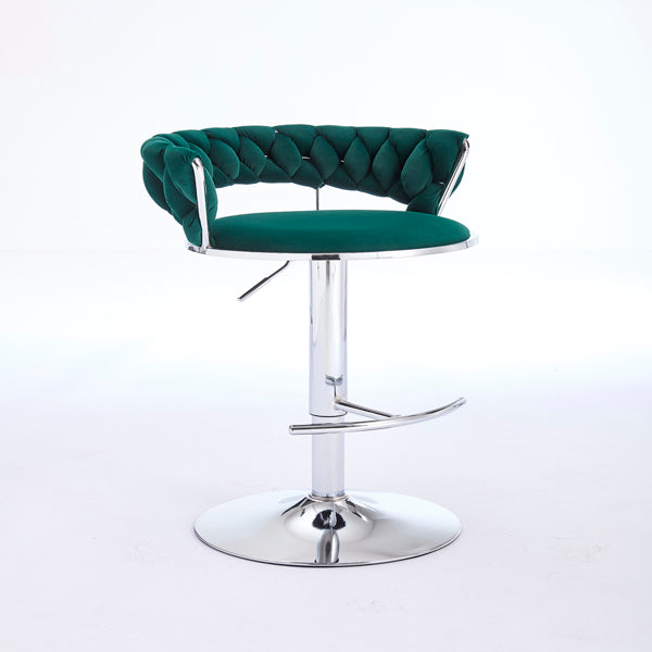 Set of 2 Green Velvet Bar Stools with Chrome Base & Swivel Adjustable Height