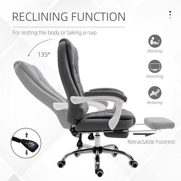 Pebble Grey High-Back Reclining Office Chair with Footrest & Linen Upholstery