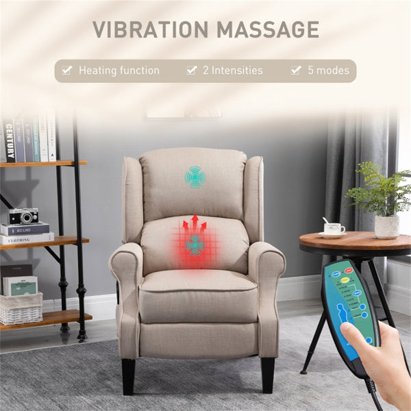 Heated Massage Recliner Chair with Lumbar Support – Manual Pushback, Beige