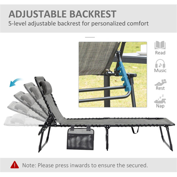 Grey Folding Outdoor Sun Lounger with Adjustable Backrest & Breathable Mesh