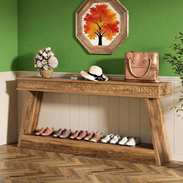 Rustic Brown 2-Tier Long Console Table – Farmhouse Style Entryway & Sofa Table