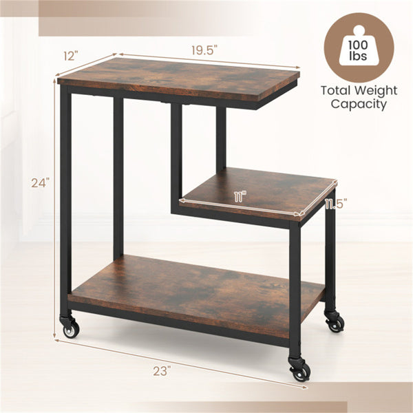 G-Shaped 3-Tier Brown End Table with Wheels – Mobile Storage Side Table