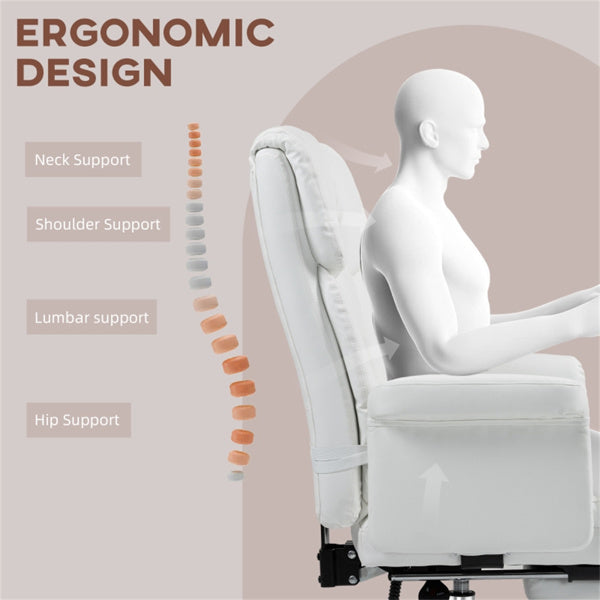 White Massage Office Chair with Reclining Back, Footrest & PU Leather Finish