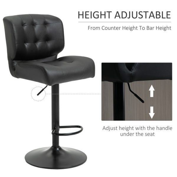 Set of 2 Adjustable Black Bar Stools with Swivel Seats & Tufted Backrest