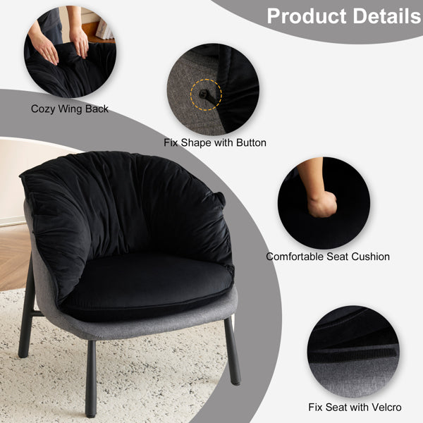 Modern Velvet Barrel Accent Chair with Metal Legs – Black Armchair