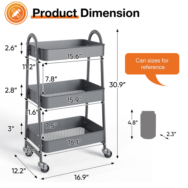 3-Tier Rolling Metal Utility Cart – Storage Organizer for Home & Office
