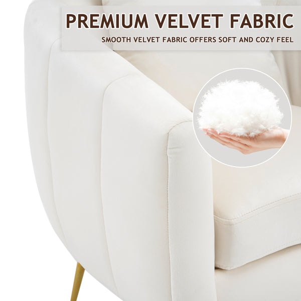 Velvet Barrel Chair with Ottoman & Lumbar Pillow – Off White Accent Set