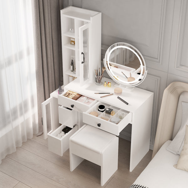 Modern Vanity Table Set w/ LED Mirror, Side Cabinet & Outlets, 3 Lights