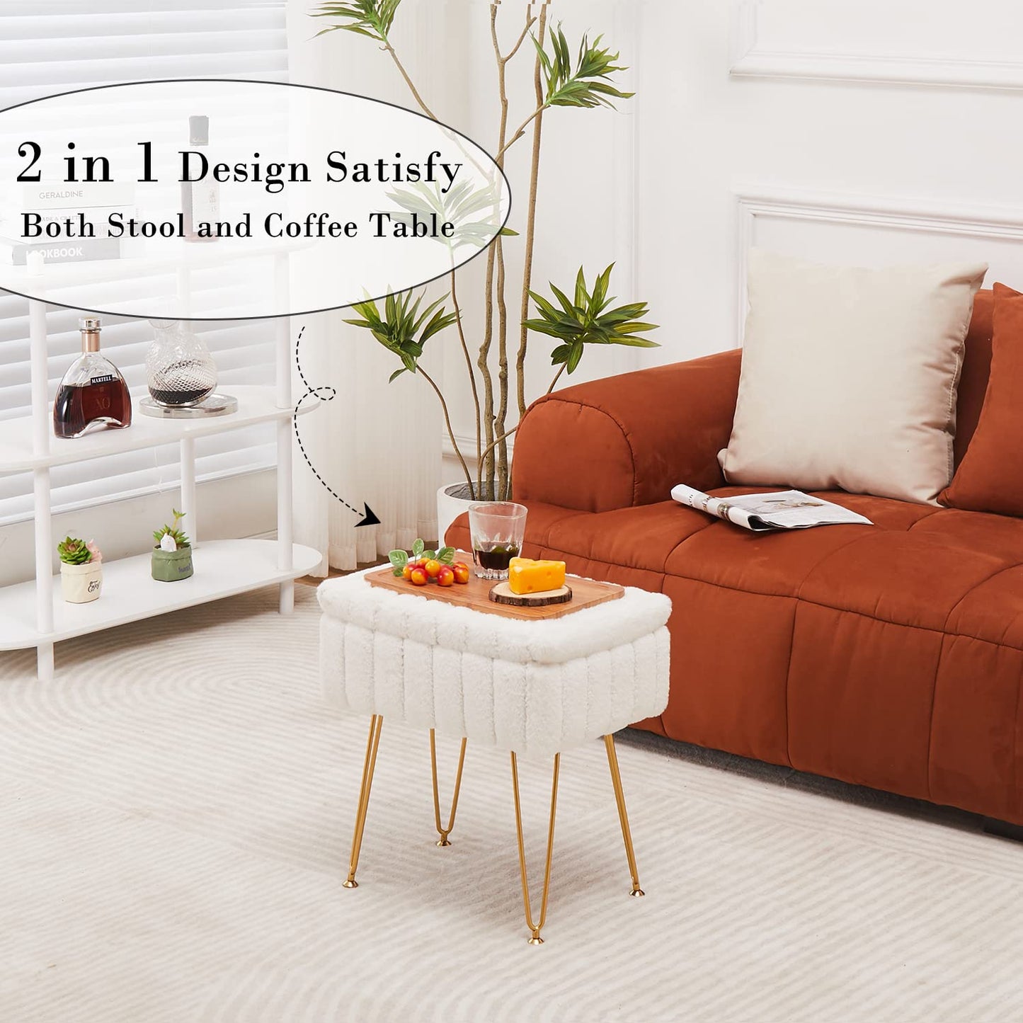 Faux Fur Ottoman with Storage – Vanity Stool & Footrest for Bedroom, Cream