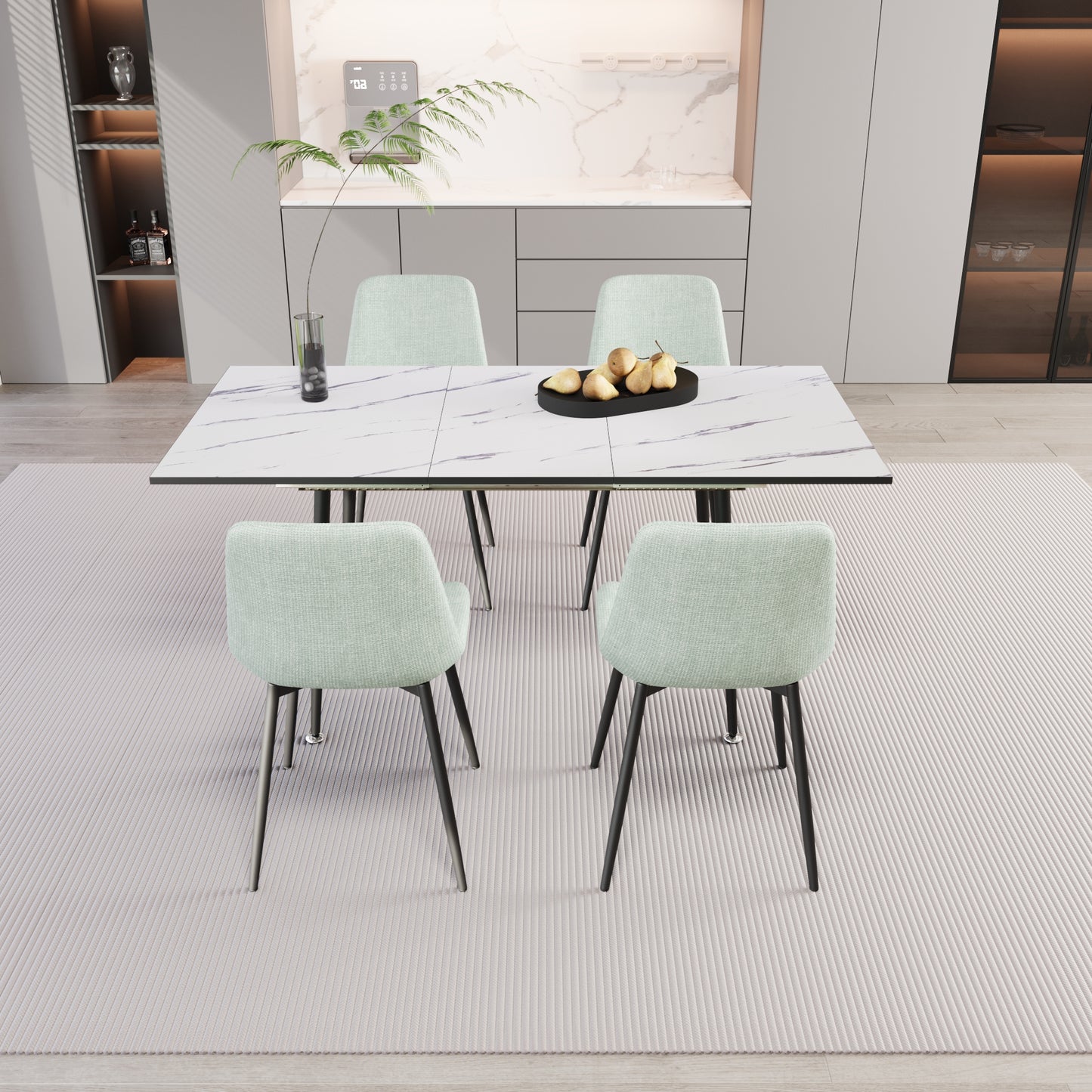Extendable White Dining Table Set with 4 Green Chairs – Seats 2–6