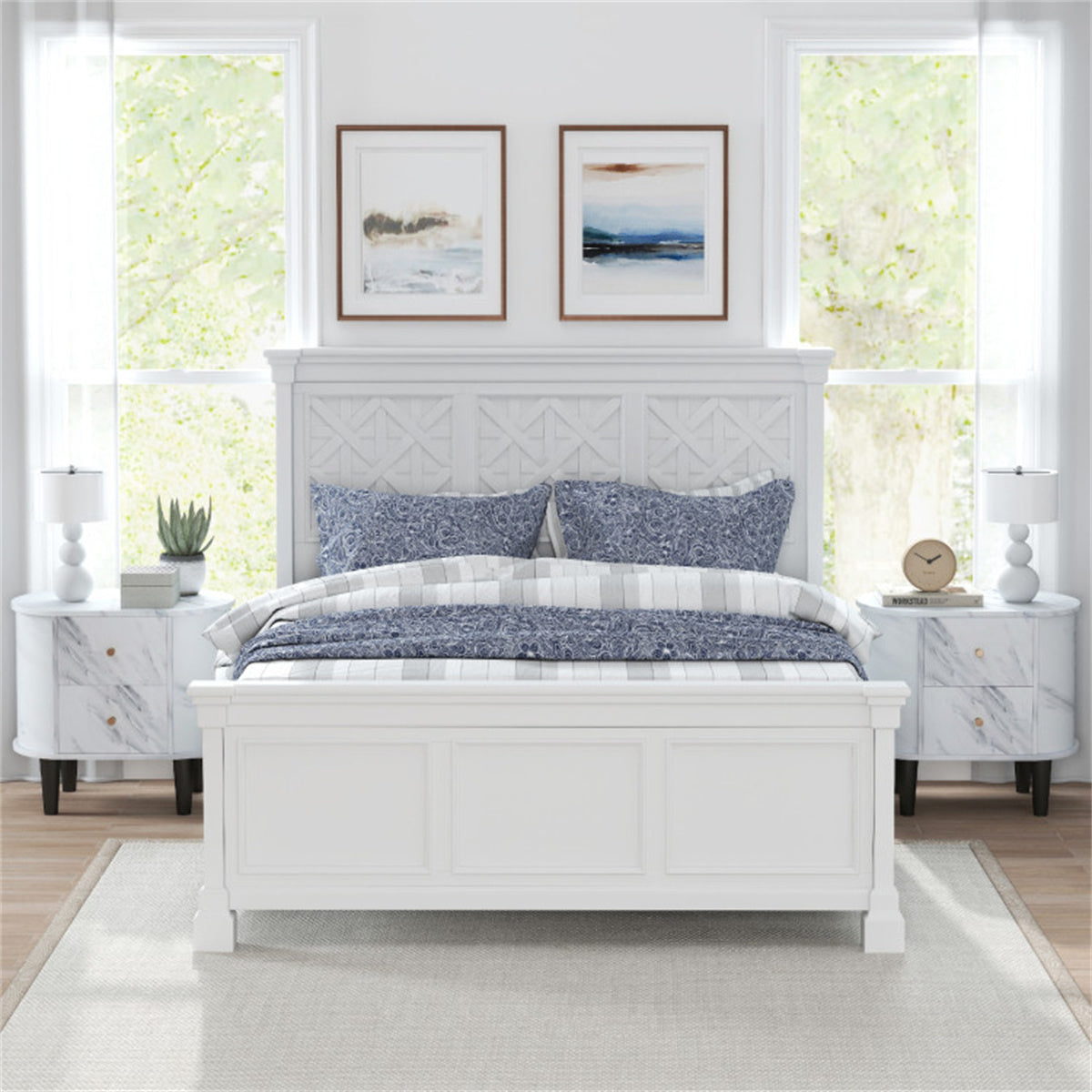 White Nightstand with Faux Marble Top & 2 Drawers – Modern Bedroom Side Table