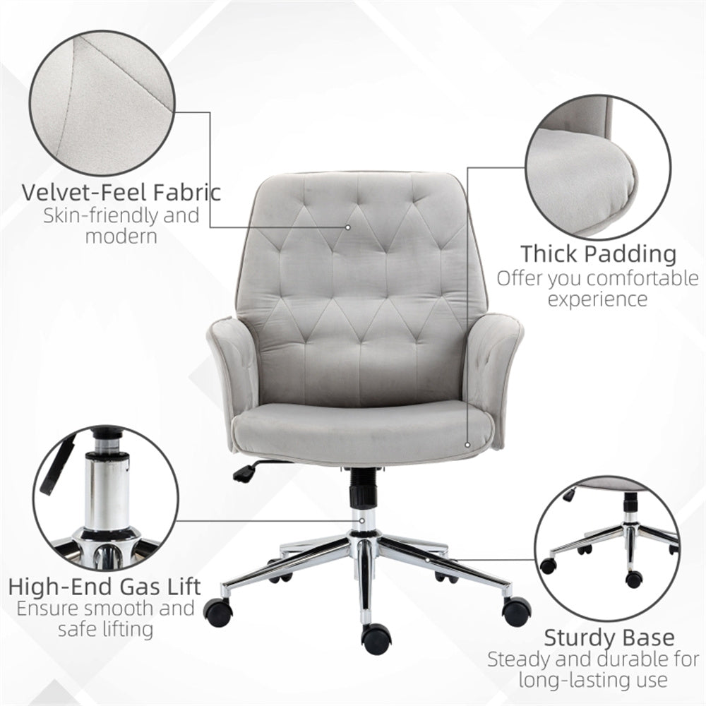 Grey Velvet Office Chair – Adjustable Height with Rocking Back & Armrests