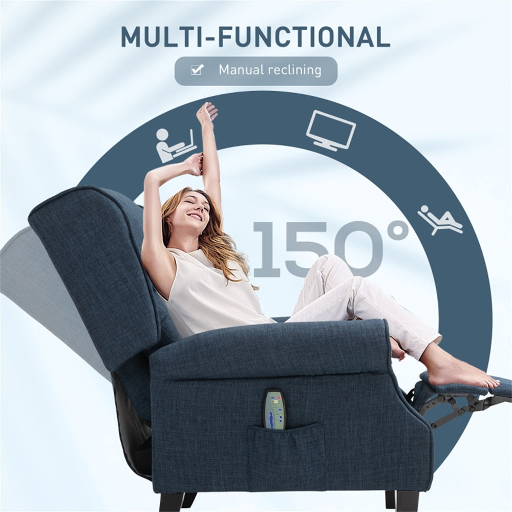 Heated Massage Recliner Chair with Lumbar Support – Manual Pushback, Blue