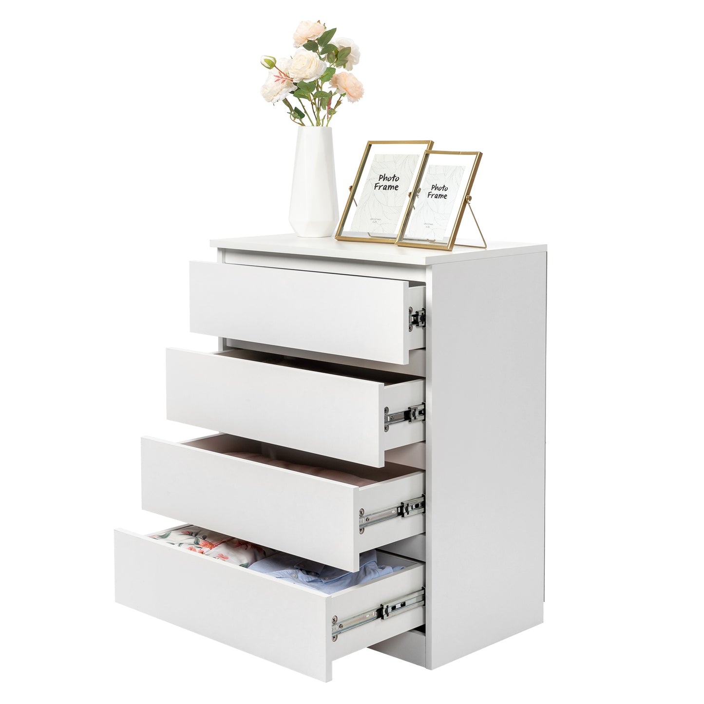 White Wood 4-Drawer Dresser – Compact Storage Cabinet for Bedroom or Living Room