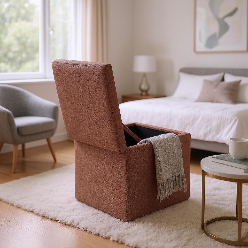 Brown Corduroy Storage Ottoman with Hidden Compartment – 16.5” Cube Seat